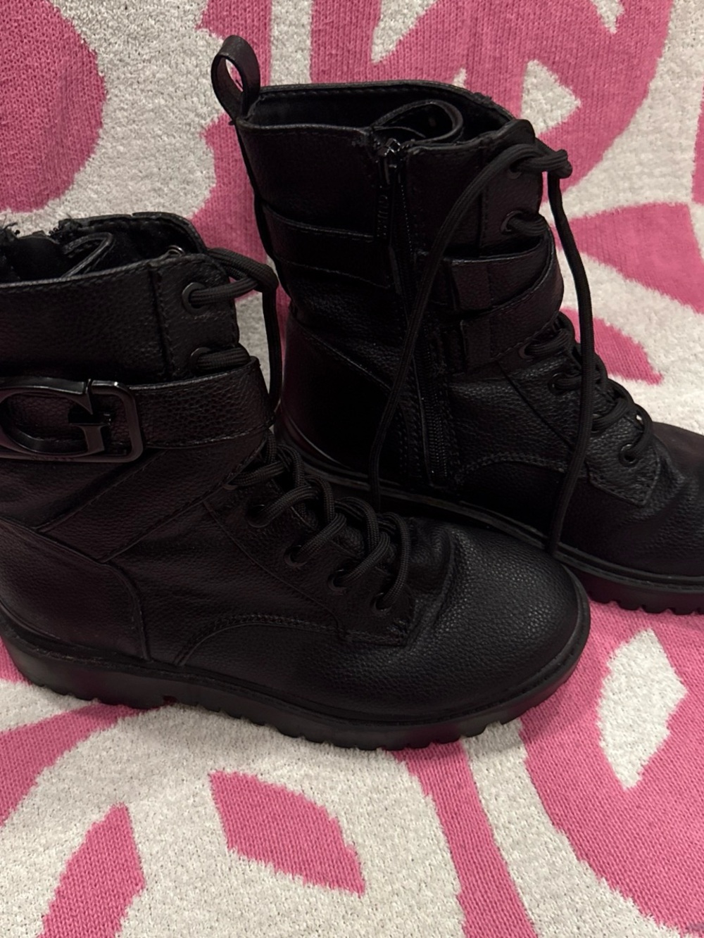 Guess Women's Black Lace-Up Combat Boots with Buckle Strap